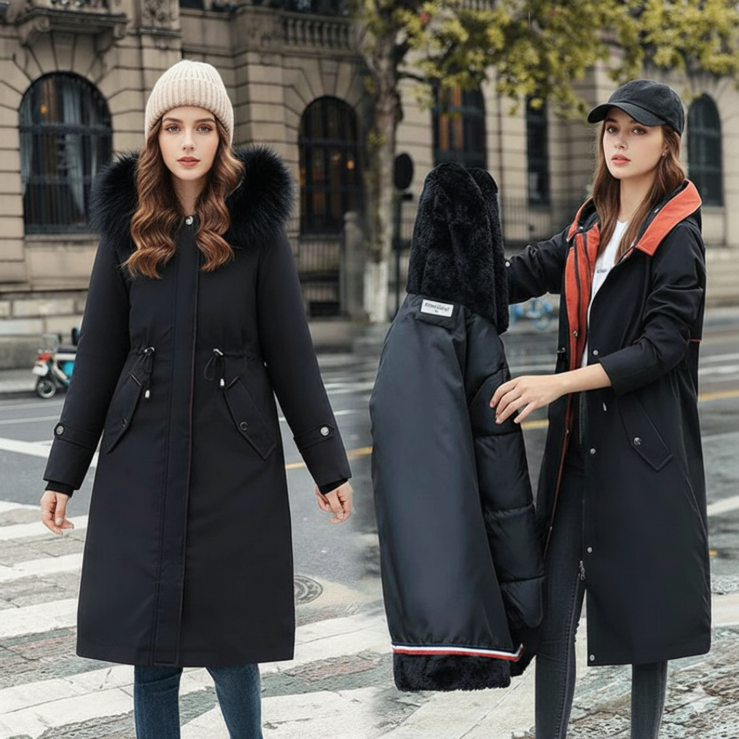 Clara – Elegante Winterjacke mit Kapuze und Kunstpelzkragen